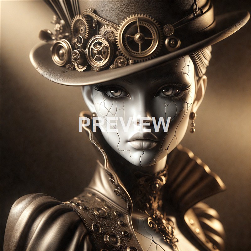 A highly detailed, steampunk-inspired portrait of a woman with cracked, porcelain-like skin, wearing an elaborate hat adorned with gears and mechanical components, and dressed in ornate, metallic clothing.